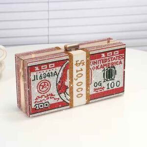 Red Rhinestone Dollar Sign Clutch Evening Bag Crystal Money Purse Party Bling